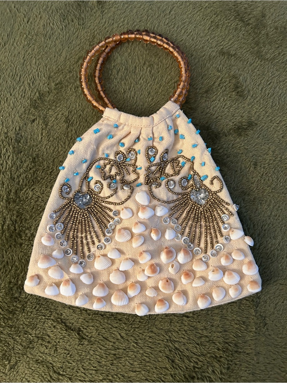 Vintage MOYNA Hand-Beaded Seashell & Turquoise Handbag Bag Clear Glass Handles